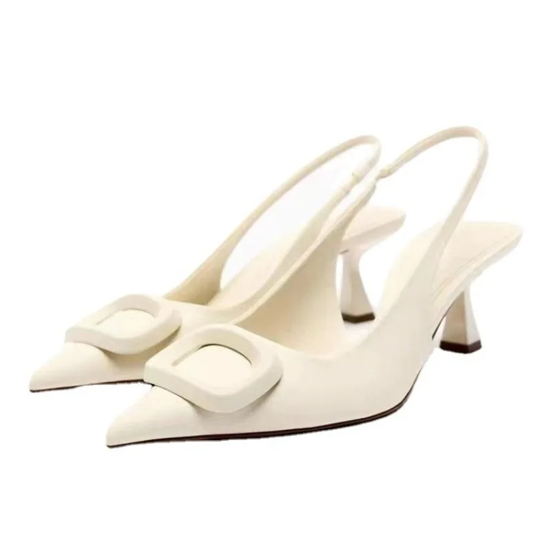 Slingback Off White Salto Alto para Mulher, Bombas Elegantes, Estilete, Dedo Apontado, Sandália Salto, Sapato de Escritório Feminino, 2023