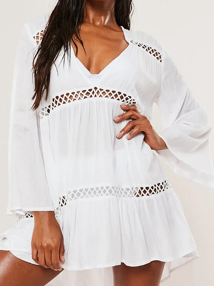 

New Beach Cover Up Long Sleeve Top Tunic For Beach Bathing Suit Cover Ups V Neck White Beach Mini Dress Rayon Kaftan Beachwear