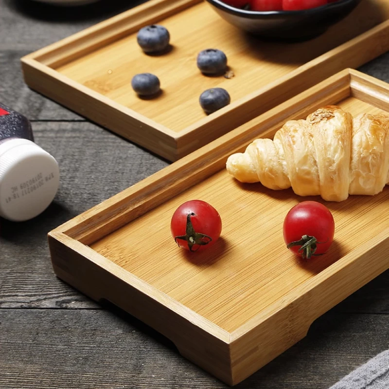 Japanese Bamboo Wooden Tray Rectangular Service Tray Bread Dinner Plate Kitchen Tableware Storage with Handle Wooden Tea Tray