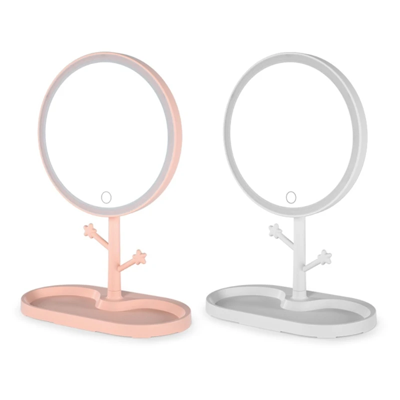 D0AB Настольное зеркало для макияжа со светодиодной подсветкой и крючками на базе USB Перезаряжаемая портативная лампа с зеркало