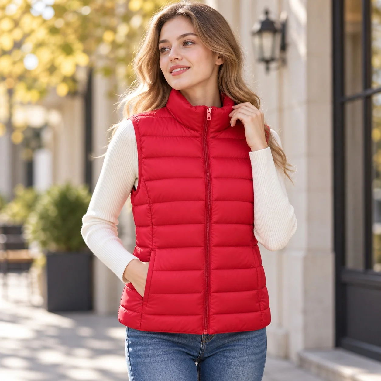 Stand Collar Pockets Vest with Straight Cut Casual Women Vest Regular Length Medium Thickness Zipper Closure Elegant Commuter