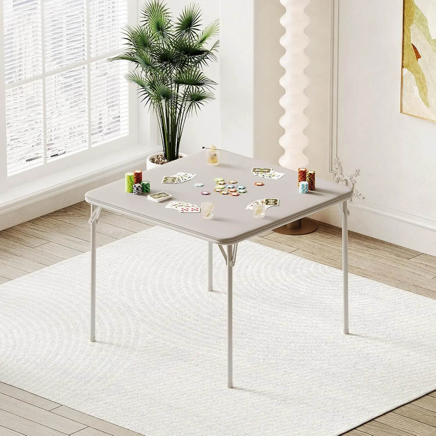 

Folding Table, 33.6 Inch Folding Card Table, Portable Square Folding Table with PU Soft Cushion, Beige Metal Foldable Table Suit