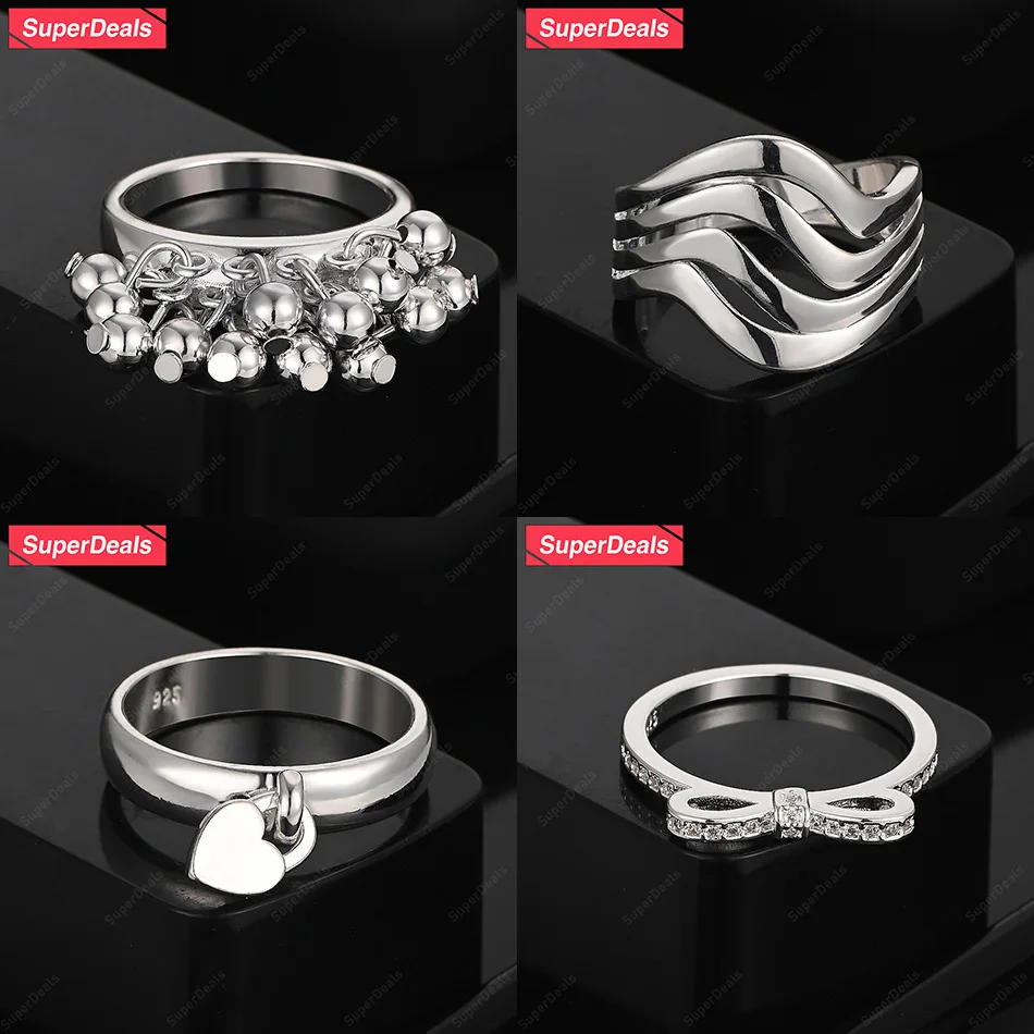 SuperDeals 925 Sterling Silver Wavy/Beads/Heart Lock/Bowknot Ring For Women Birthday Party Personalized Versatile Jewelry Gift