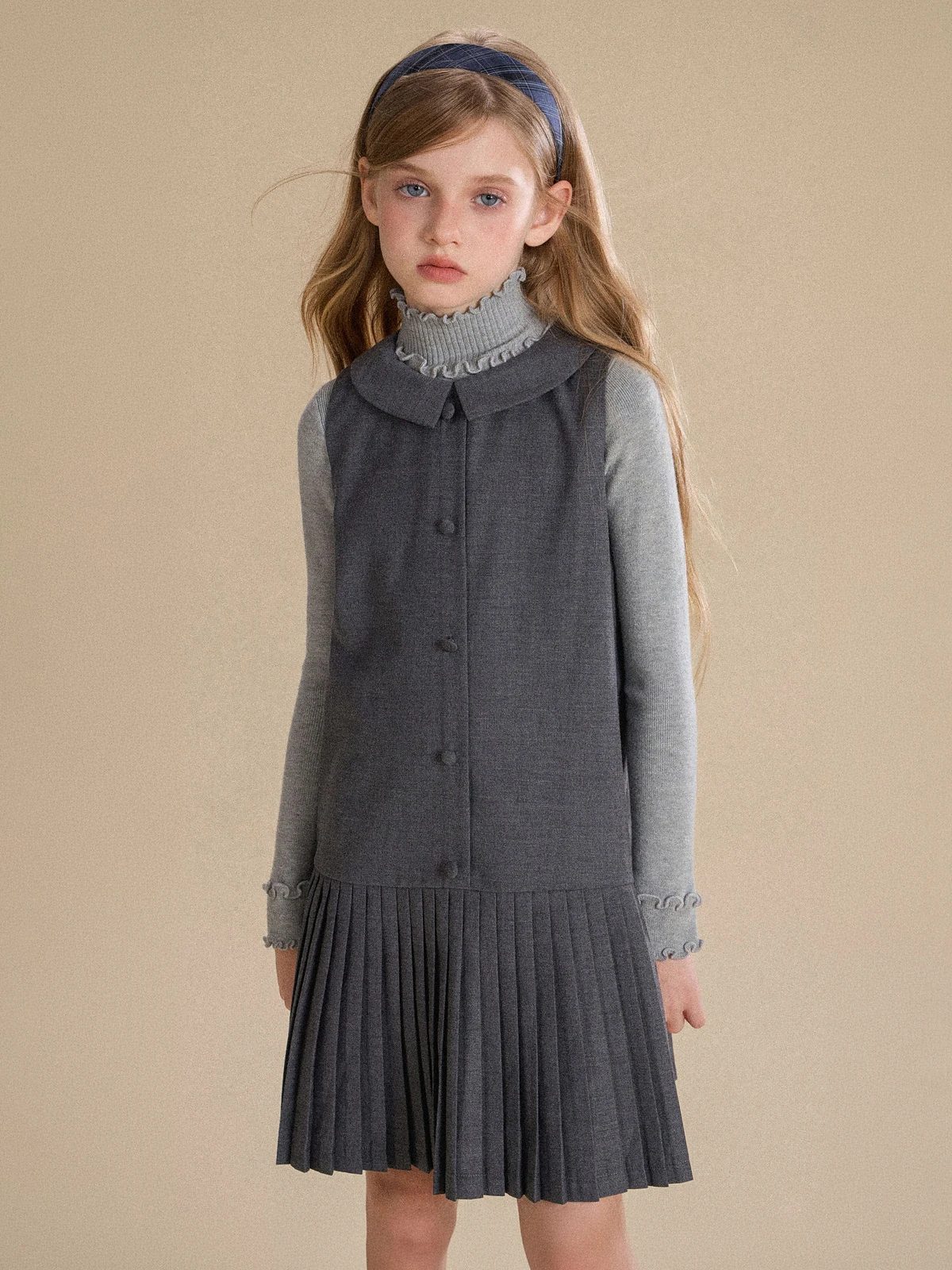Girls Preppy Dress – Pleated Sleeveless Pinafore with Collar for Fall, School Uniform Style Long Dress for Toddler Kids