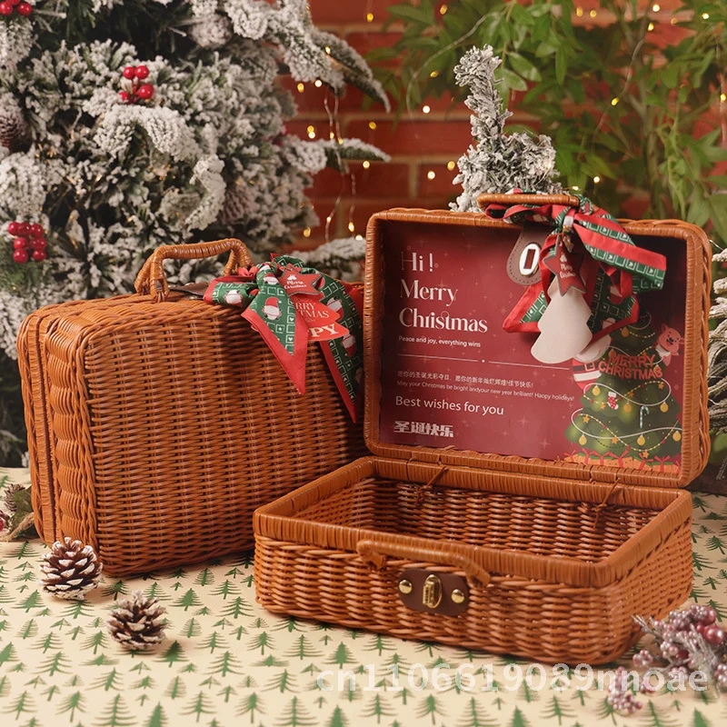 

Винтажная ротанговая тканая рождественская подарочная коробка, корзина, шарф, термос, подстаканник, подарочная коробка в канун Рождества, пустой белый картон