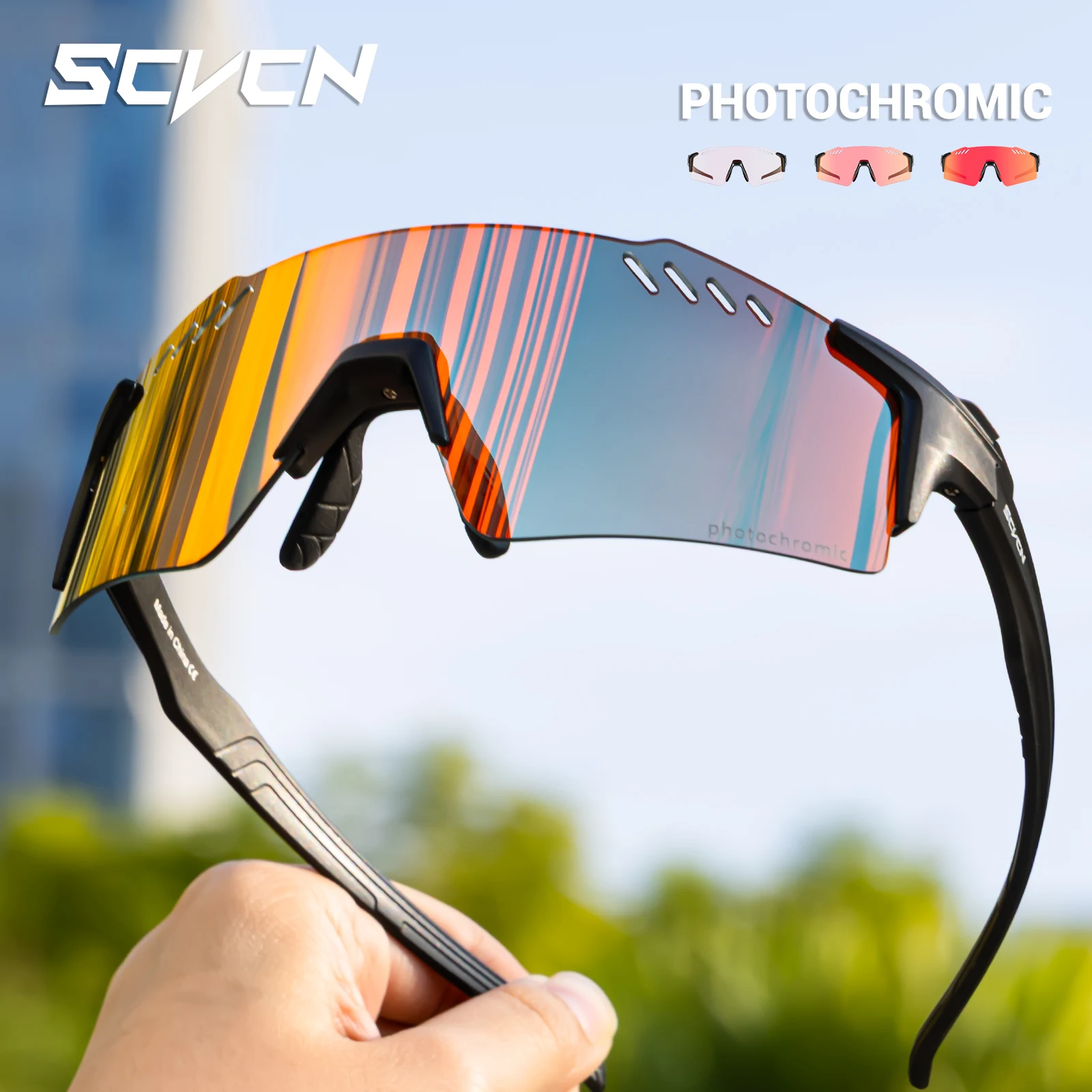 SCVCN Gafas fotocromáticas para senderismo, gafas de ciclismo sin montura a la moda, gafas de sol deportivas para correr para hombres, gafas para bicicleta de montaña, 1 lente