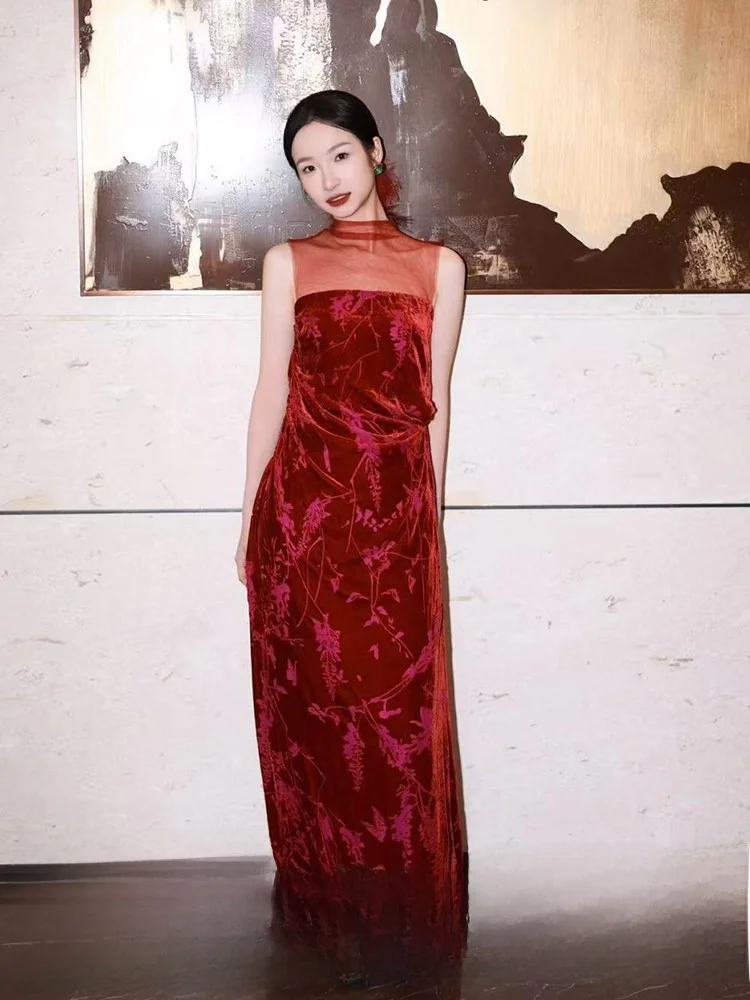 

Ele Red Qipao Evening Dr Wedding Ceremony Women's New Bride Drinking Ceremony High Waist Long Skirt Ball Gown