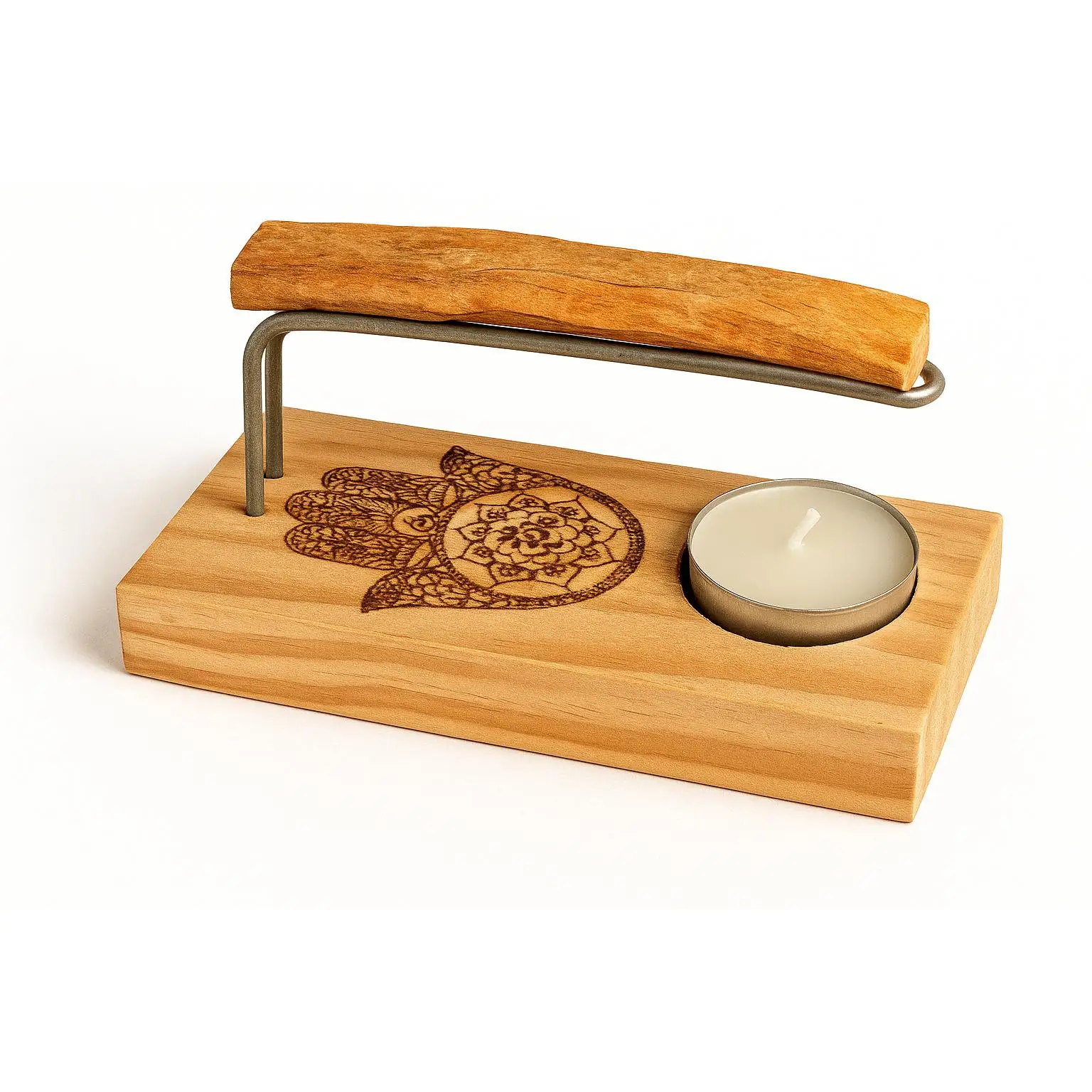 Quemador de Palo Santo con Imagen de la Mano de Fátima - Incluye Palo Santo y Velas de Té - Marca YA-DECOREGALOS