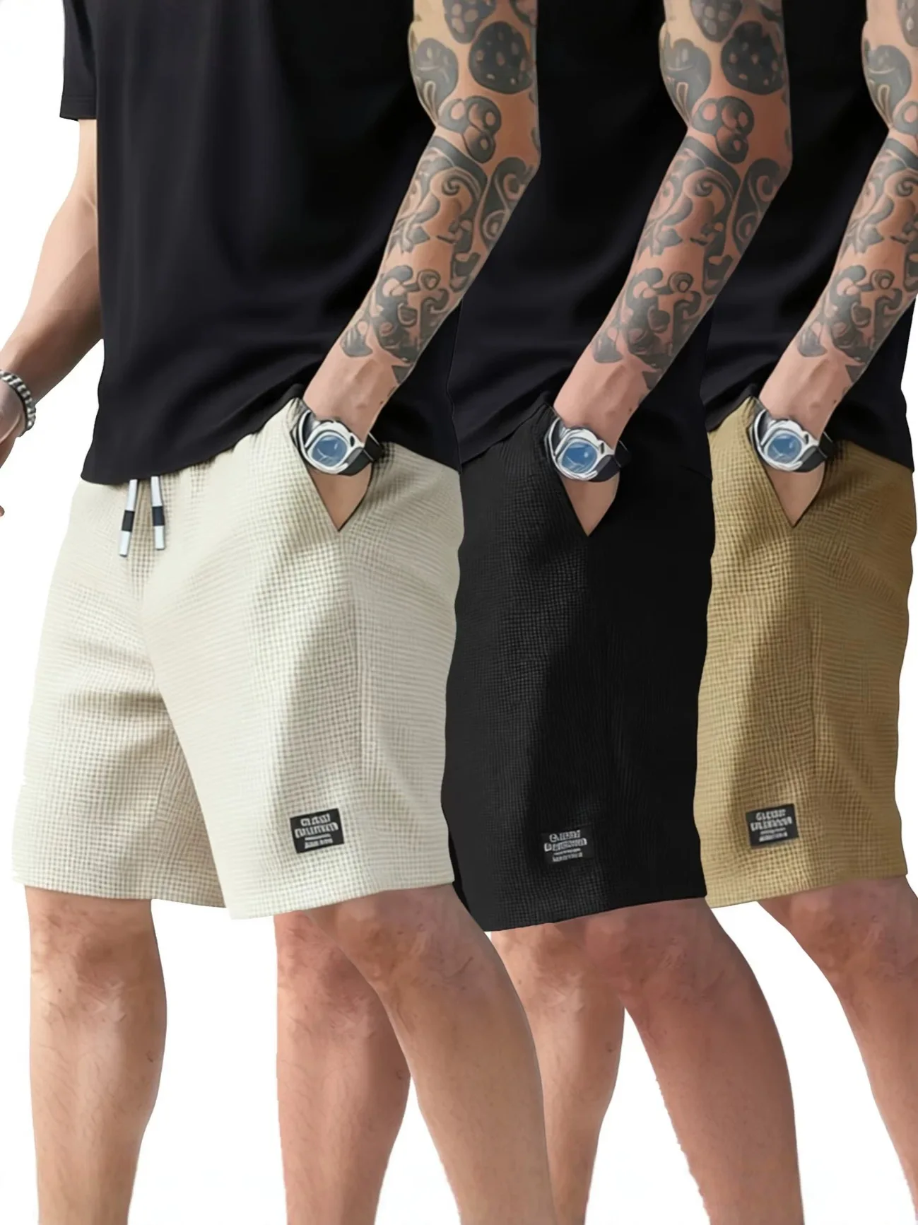 

Men Shorts Solid Color Mid Waist Summer Motion Waffle Texture Deep Crotch Drawstring Male Shorts Loose Knee Length Casual Short