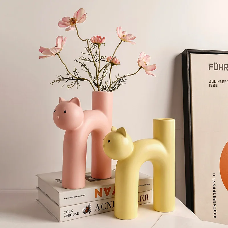 Cartoon Cat Shaped Ceramic Flower Vase Cute Room Decor Aesthetic for Teen Girls Porcelain Plant Pot  Flower Bottle Cachepot