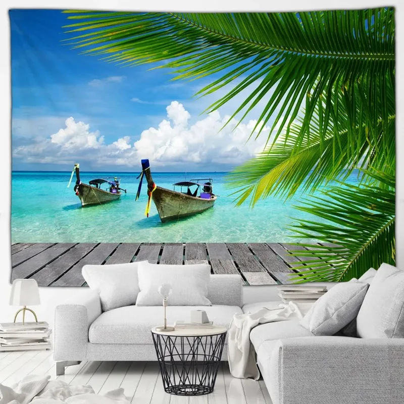 Island Ocean Landscape Tapestry Beach Green Palm Leaves Boat Hawaii Nature Scenery Home Living Room Courtyard Decor Wall Hanging