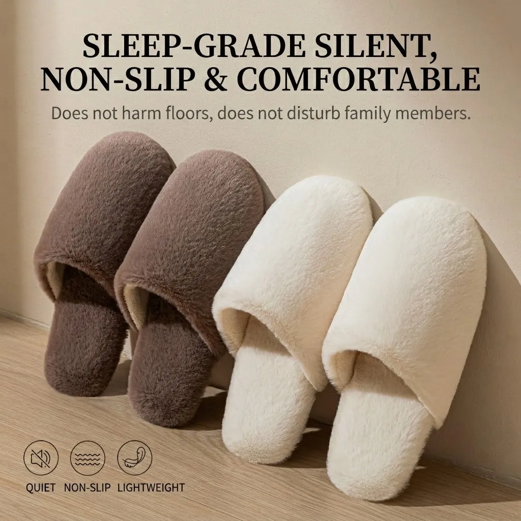 Unisex Furry House Slippers Women Men Quiet Non Slip Thick Sole Home Bedroom Slides Cozy Fleece Warm Indoor Floor Shoes Slipper