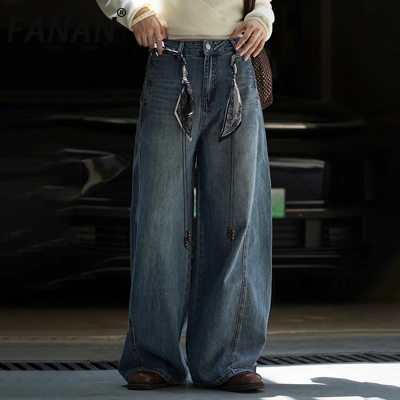 FANAN bureau dame jean délavé pour femmes taille haute droite jambe large Denim pantalon mode Streetwear vêtements 2025 automne nouveau