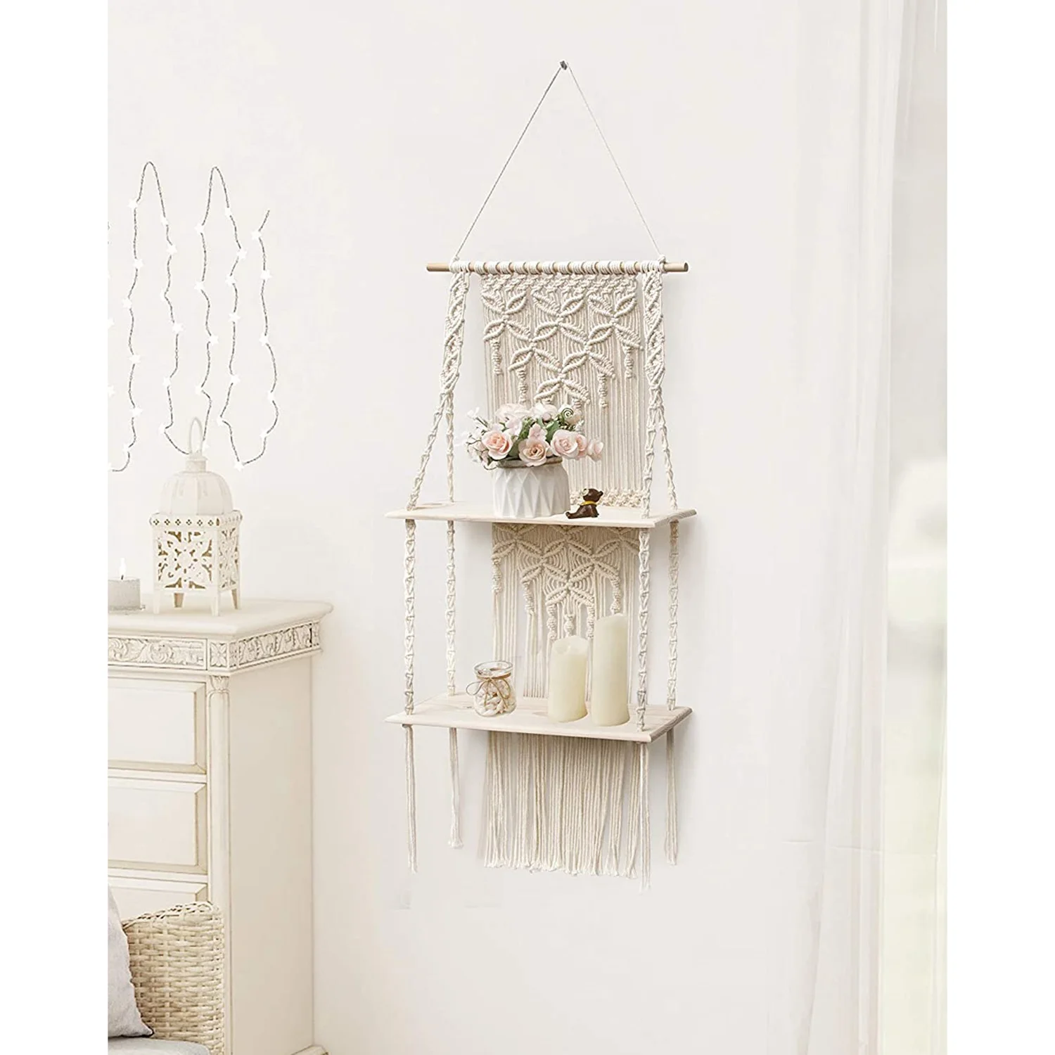 Macrame Wall Hanging Handcraft Boho Floating Shelf 2 Tiers Woven Shelves for Bathroom Plants Picture Frame Home Storage