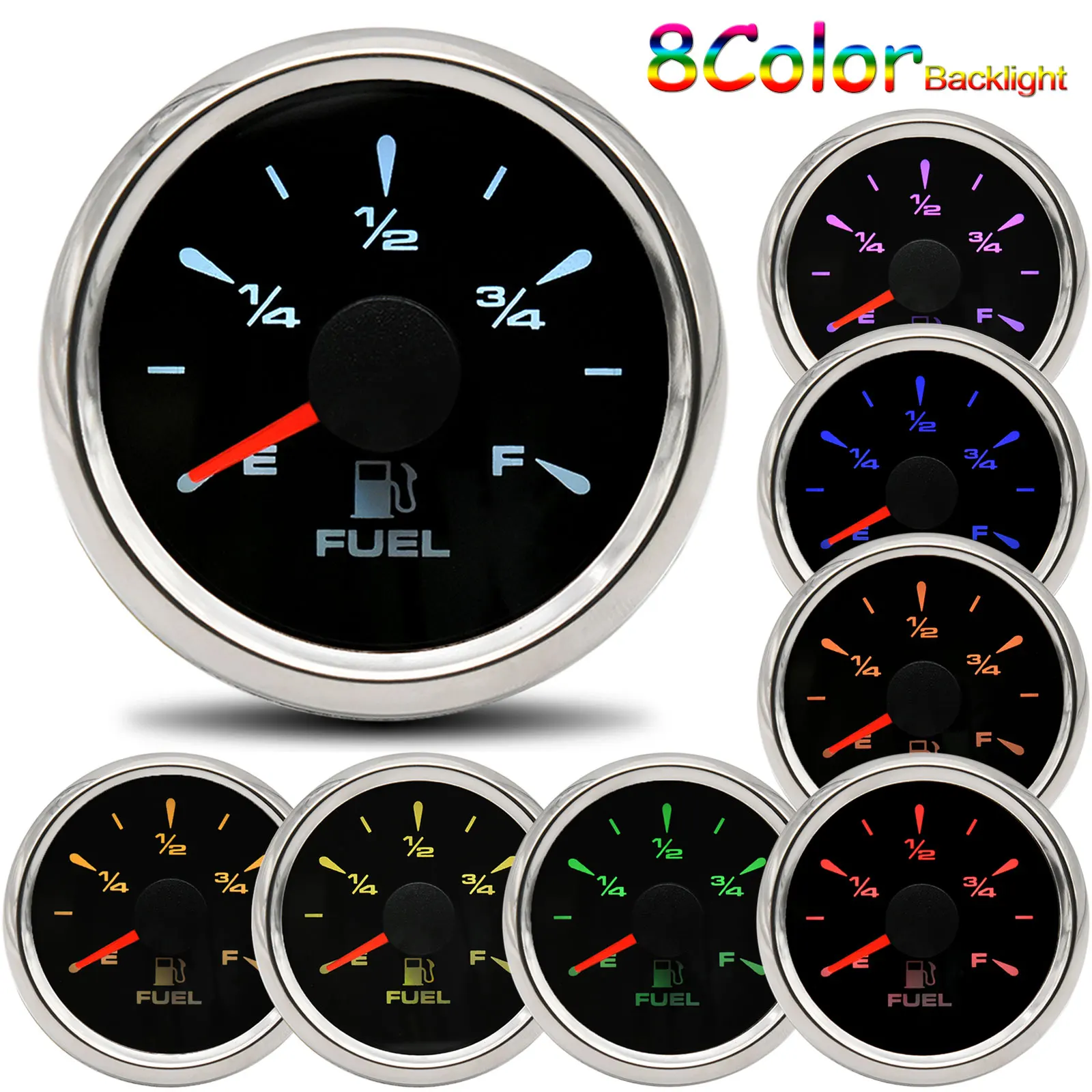 Car Boat Marine 52mm Fuel Level Gauge with Fuel Sending Unit 240-33ohm With 8 Color Backlight For Oil Tank Level Indicator Meter