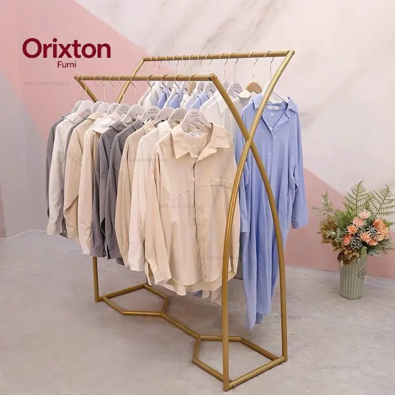 Gold middle island rack floor rack, simple clothing store display rack, double row rack, middle shelf, parallel bar side hanger