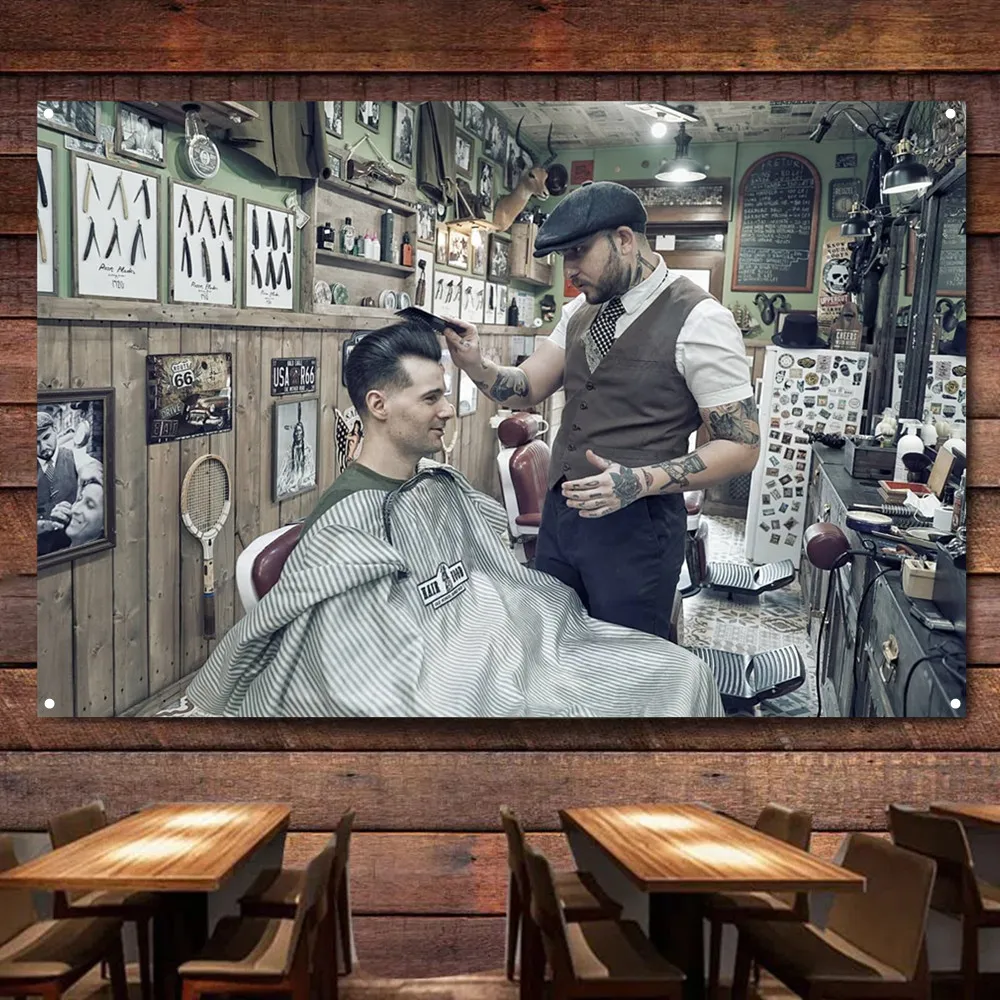 Hair Salon Wall Art Poster Wall Hanging Flag Haircut & Shave Service Signboard Wall Decor Banner For Tattoo Studios Barber Shop