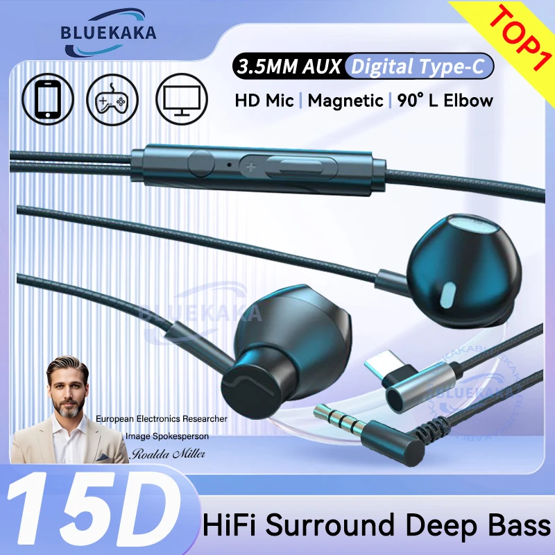 Auscultadores estéreo TOP1 15D com fios, intra-auriculares, 3,5 mm/tipo C, digitais, com microfone para Xiaomi, Samsung, iPhone, auscultadores de música HIFI para jogos desportivos conectáveis