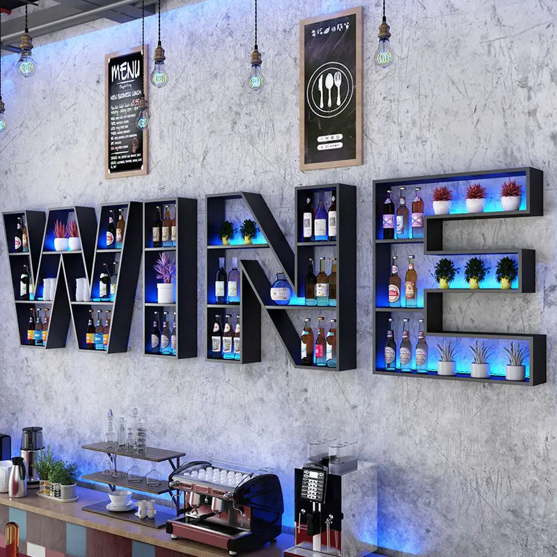 

#@Bar wine cabinet wine rack wall-mounted creative English letters coffee restaurant decoration wall wine rack storage rack