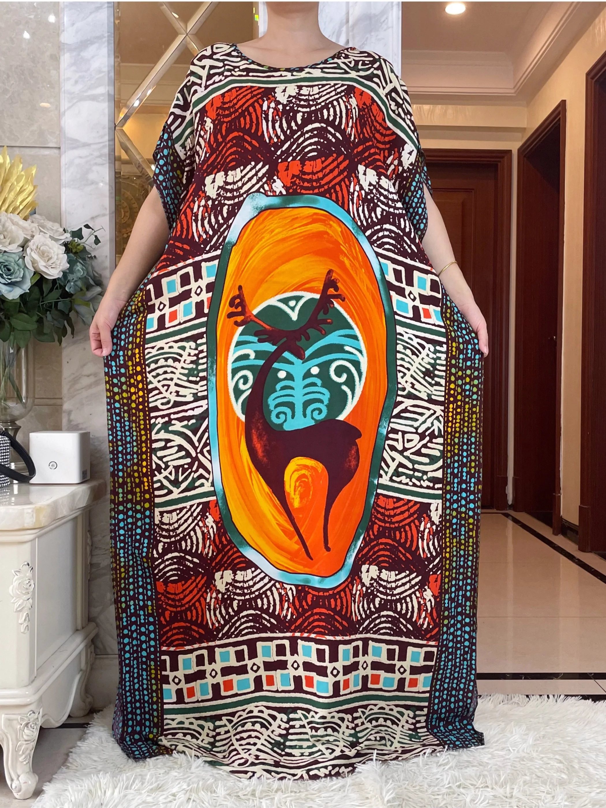 Vestido de algodão maxi solto com cachecol grande feminino, robe africano com decote em O, estampa floral Abaya, vestido de verão muçulmano de Dubai, 2023