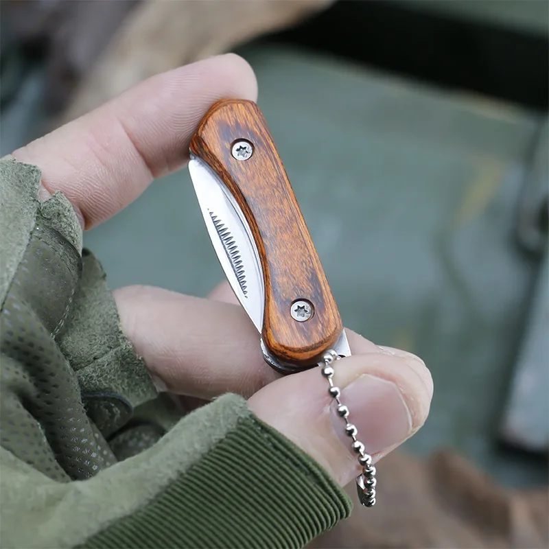 Wooden Handle Mini Pocket Knife Folding Knife Portable Keychain Unboxing Cutter EDC Survival Tool