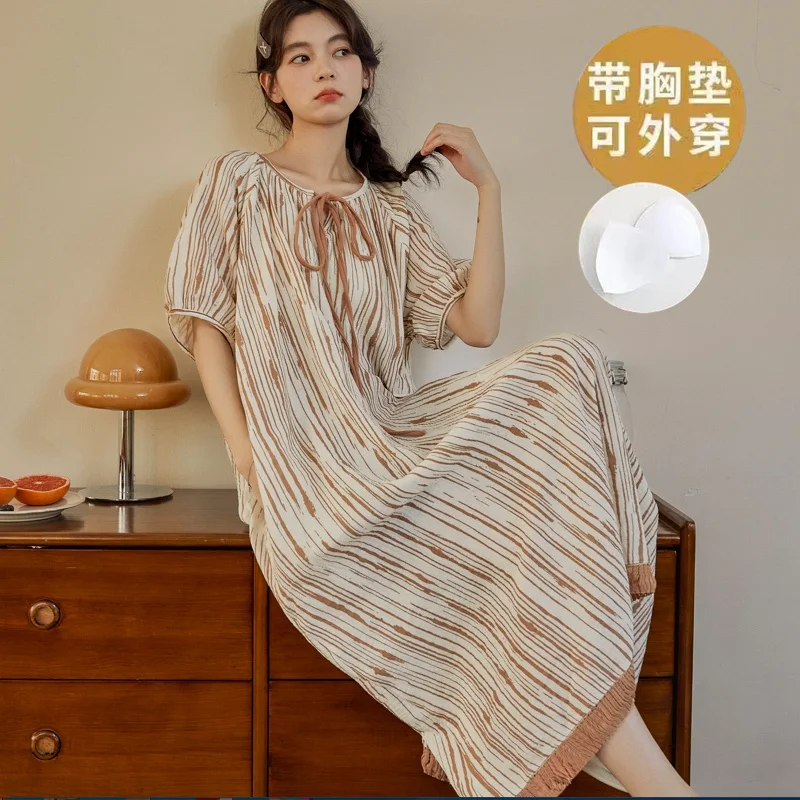 

Women Nightdress with Bra Pad 2025 New Long Nightwear Summer Short Sleeves Homewear Young Girl Female Pjs Pyjamas Nightgowns