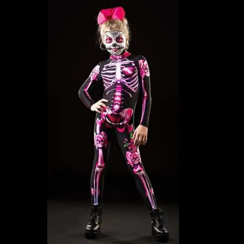 بذلة على شكل جمجمة وردية للهالوين، زي مخيف للنساء والفتيات، زي حفلات للعب الأدوار مع طباعة هيكل عظمي، صورة كرنفال احتفالية