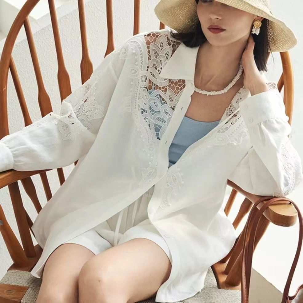 Pailletten Aushöhlen Stickerei 100% Baumwolle Shirts & Blusen frauen Mid-länge Lose Weiß Party Hemd roupas feminina camisas