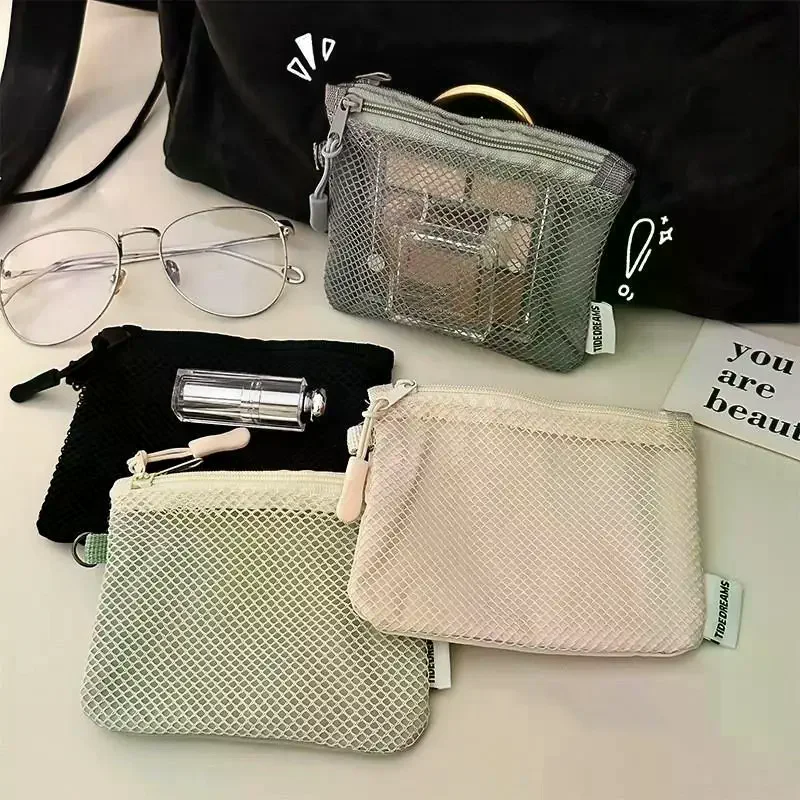 Travel Makeup Bag For Women Portable Mini Cosmetic Pouch Double Layer Zipper Multi-purpose Coin Purse Credit Card Holder Mesh