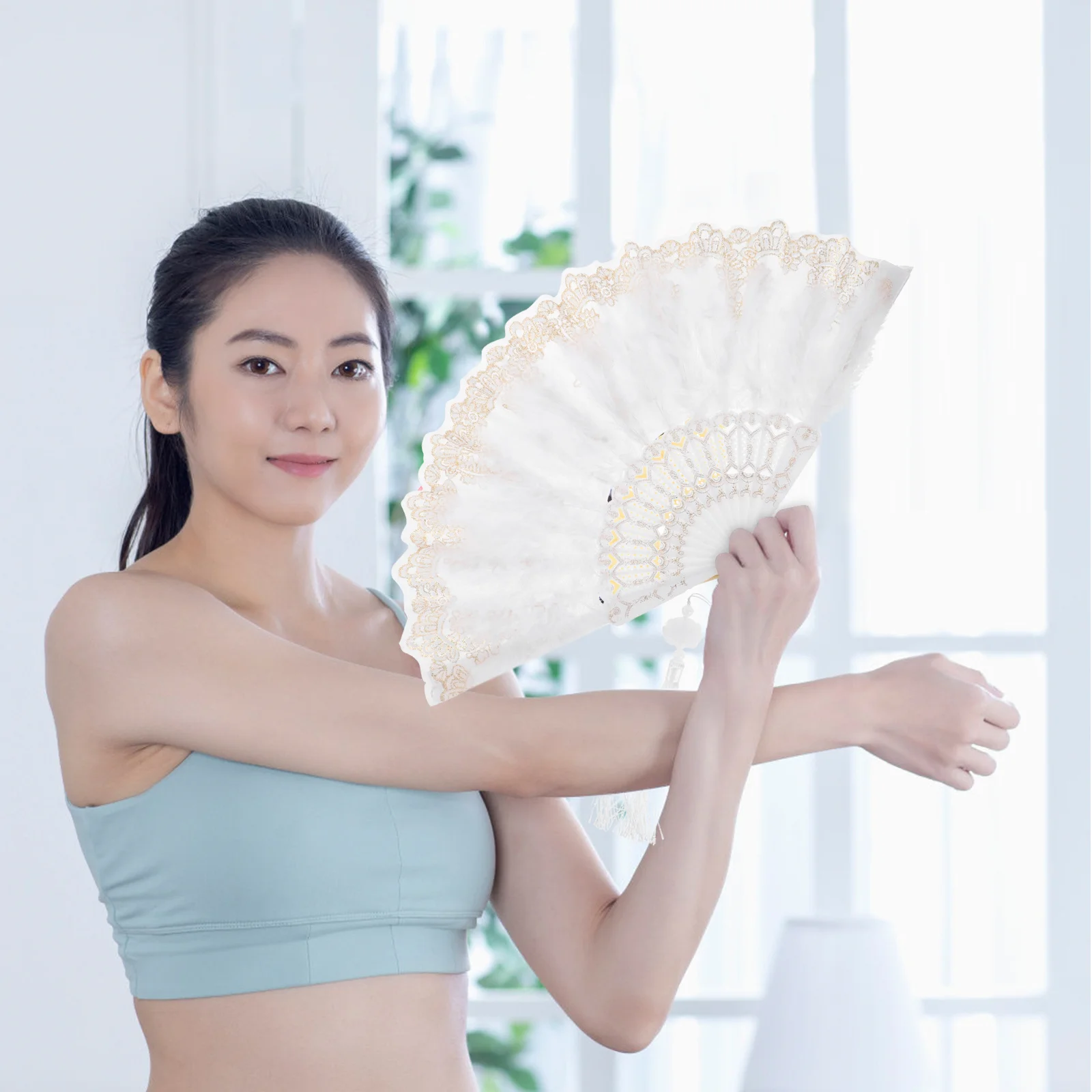 

Dance Folding 1920S Style Plume Trim White Handheld Spanish Fan For Belly Dance Wedding Performance Costume Party