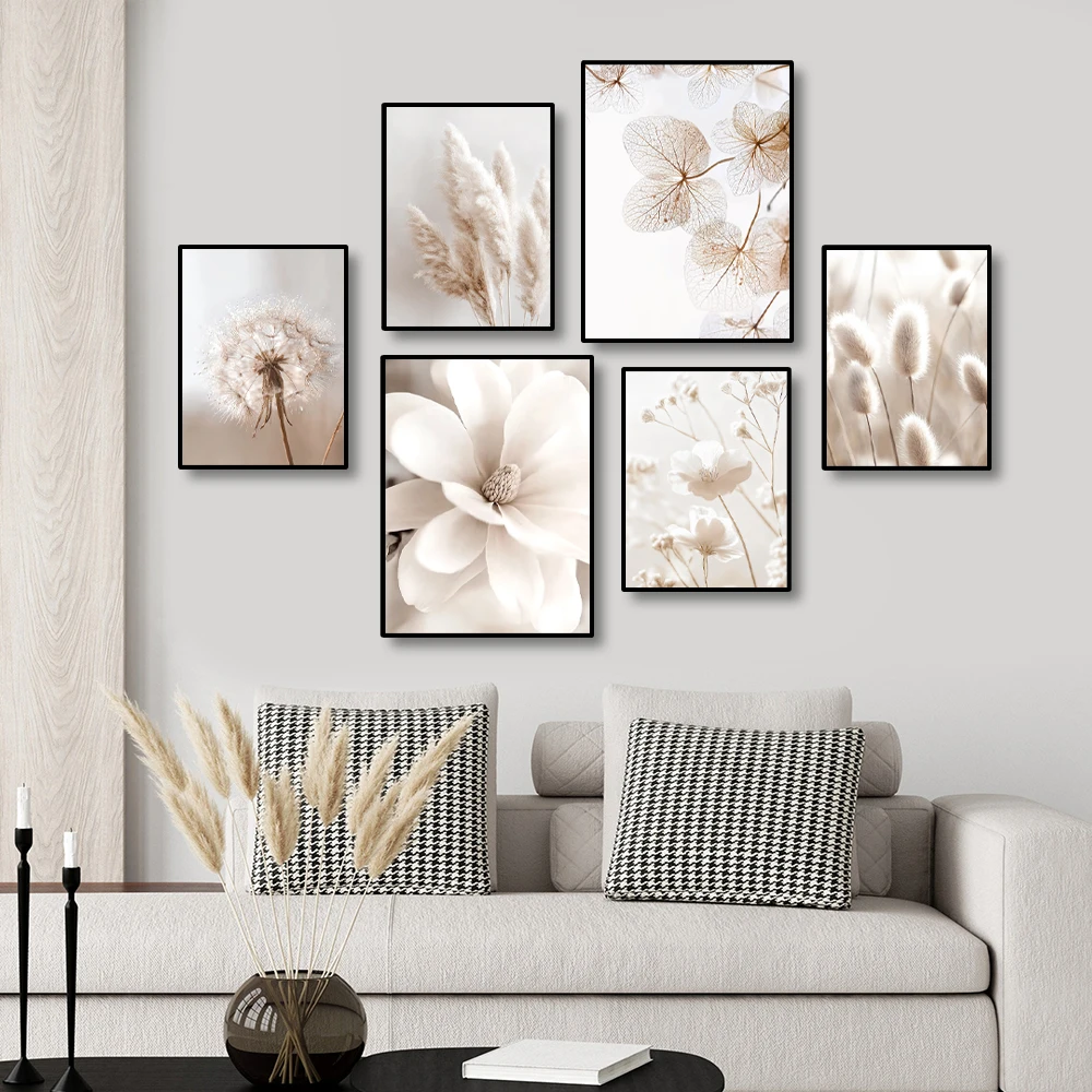 

Nordic Beige Dandelion Painting Poster Reed Canvas Art Print Flower Posters Bunny Tail Grass Wall Art Picture Living Room Decor