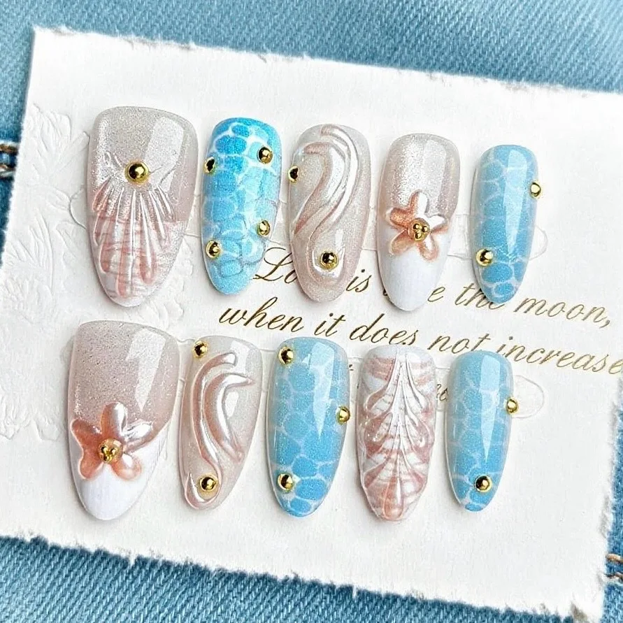 

24Pcs Mid-length Almond Fake Nails with 3D Flower Cat's Eye French False Nails Press on Reusable Finished Full Cover Nails Tips