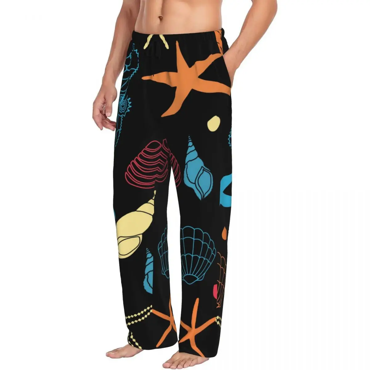 Calça de pijama com estrela do mar e caracóis marinhos masculina, cintura elástica, fundo de lounge com bolsos, pijamas para homens