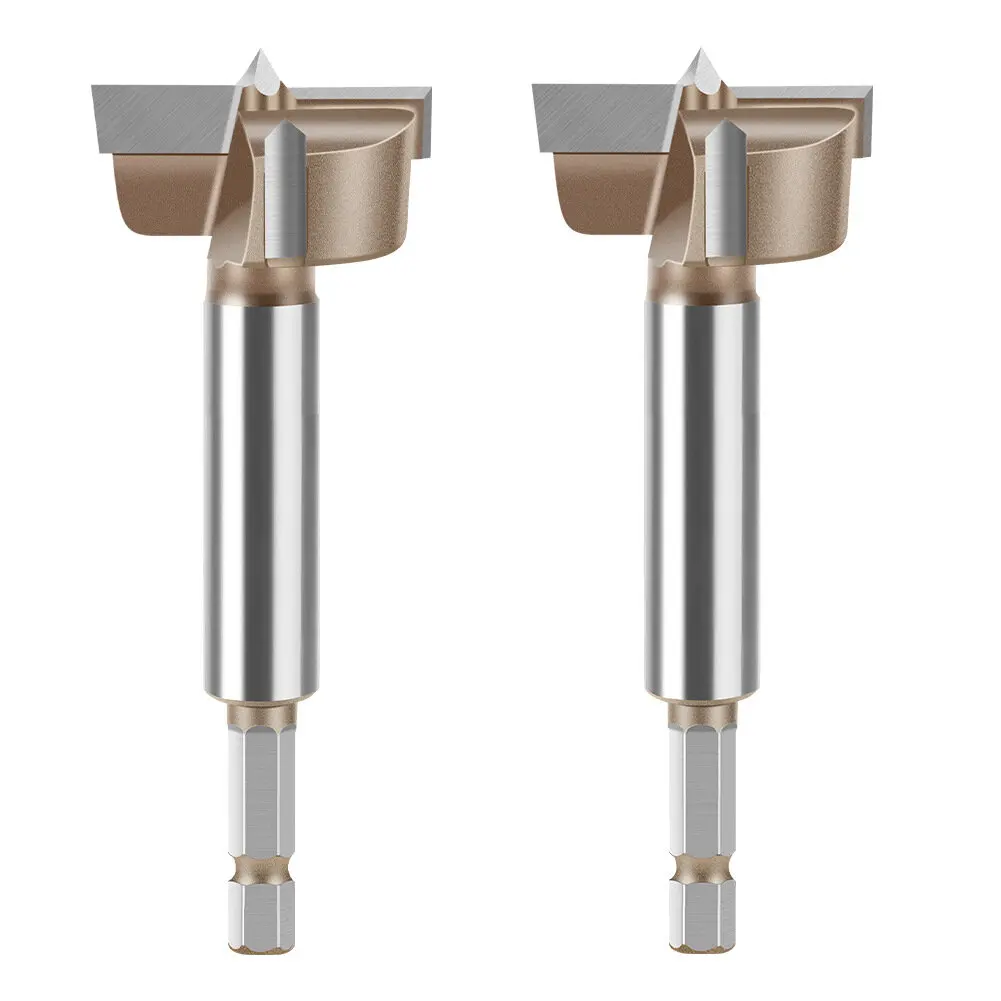 10mm to 50mm Professional Hexagonal Shank Woodworking Hinge Boring Bit Tungsten Carbide Blade Three-Tooth Double Blade Design