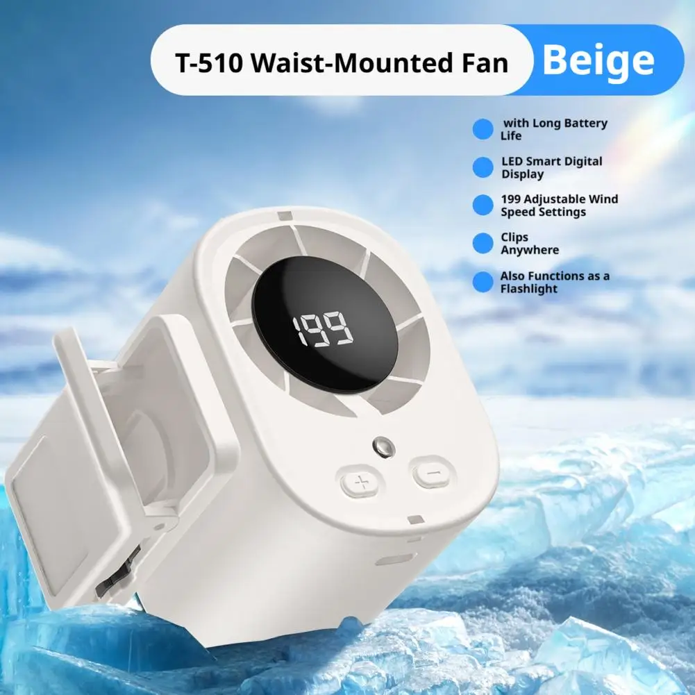 Waist Hanging Fan with LED Smart Digital Display USB Silent Neck Fan Strong Wind Mini Cooling Fan for Outdoor Summer Sports