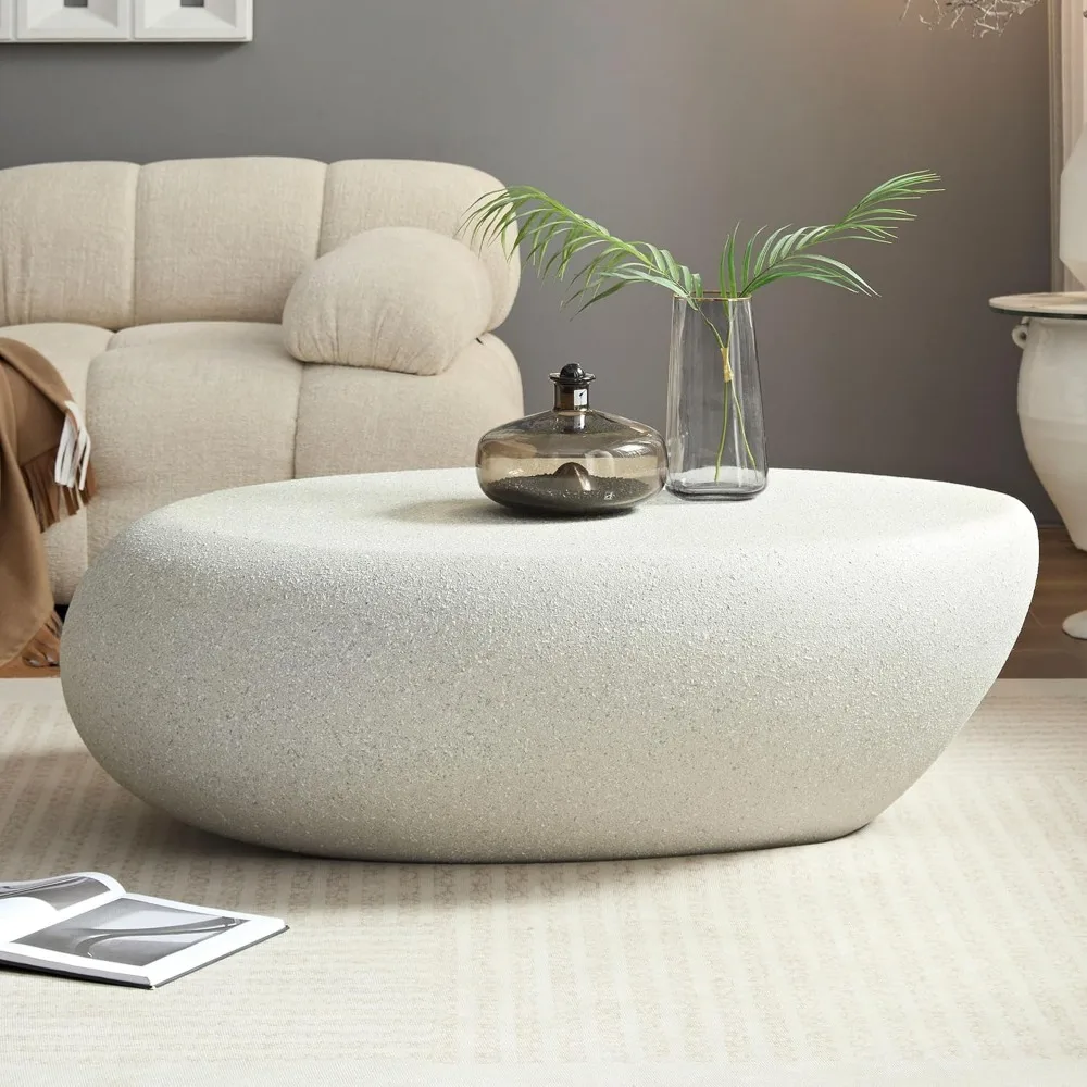 Coffee Table with Grainy Matte Rocks Pattern, Modern Irregular Center Table, Fiberglass Coffee Table No Need Assembly