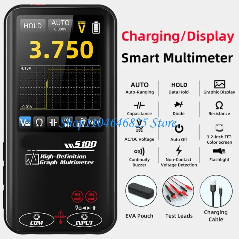 S100 Intelligent Graphical Auto-Ranging Digital Multimeter, Waveform Graphs Screen & Data Hold, Equipped with Backlights, Rubber