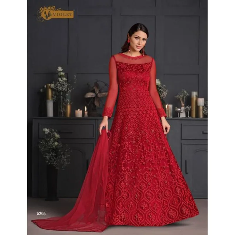 Divertido color rojo diseñador piso táctil Anarkali vestido Salwar Kameez traje de placer