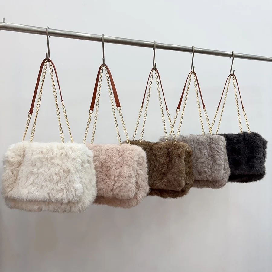 フェイクファーショルダーバッグ-レディース-チェーン付き-フリップトップ-ハンドバッグ-冬-ファッション-通勤用-プラッシュ-トートバッグ-暖かい-ソフト-クラッチバッグ