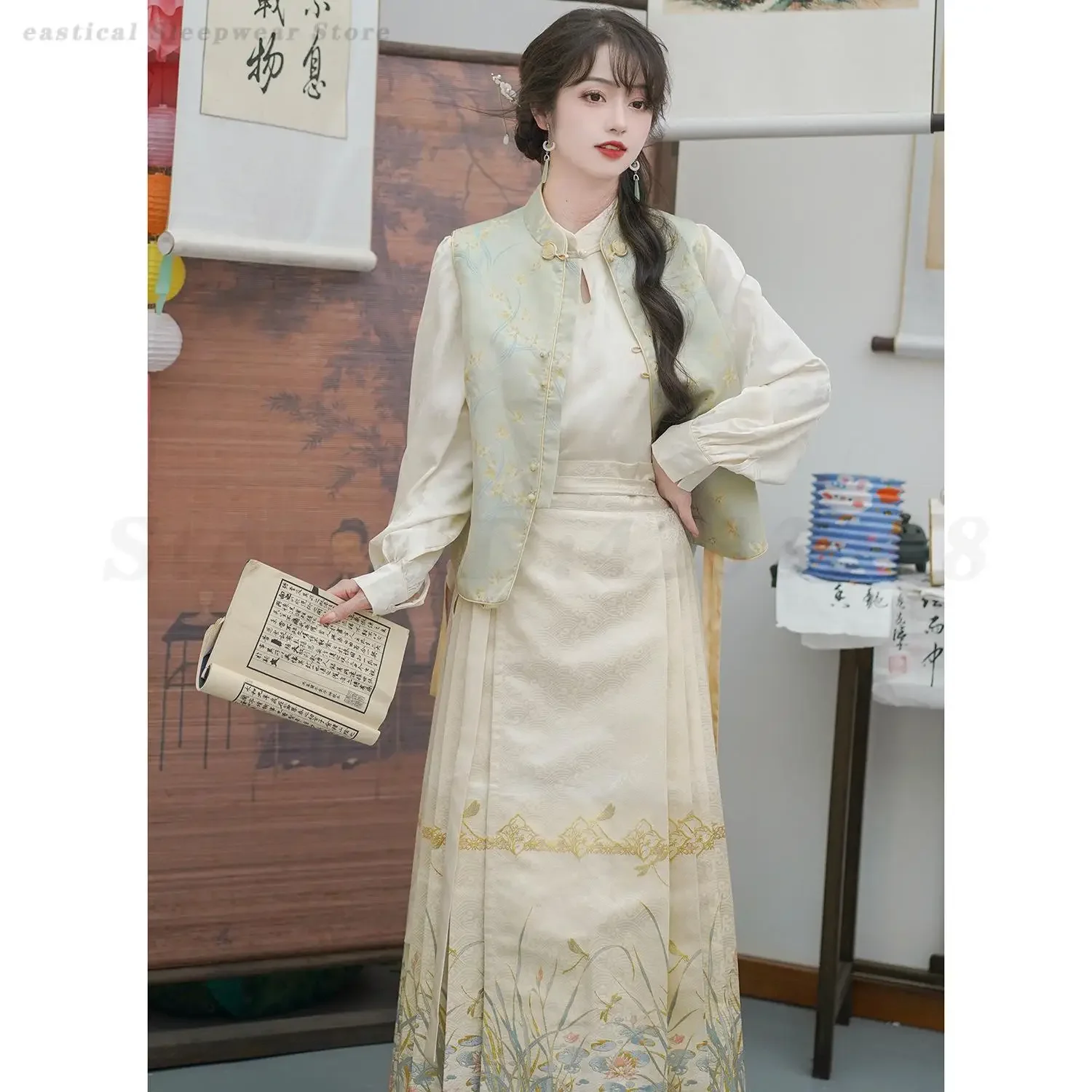 

Традиционная древняя одежда Тан, новая юбка в китайском стиле с лицом лошади, рубашка в стиле ретро, жилет, юбка Mamian, классическая новинка Hanfu Qipao