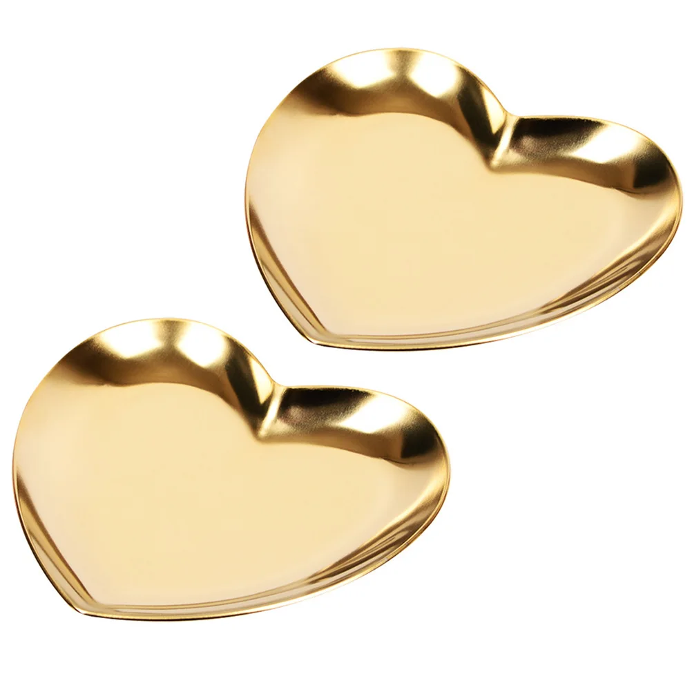 

2Pcs Heart Shape Jewelry Tray Stainless Steel Polished Decorative Jewelry Dish Home Display Plate Golden Gift Metal Ring Dish