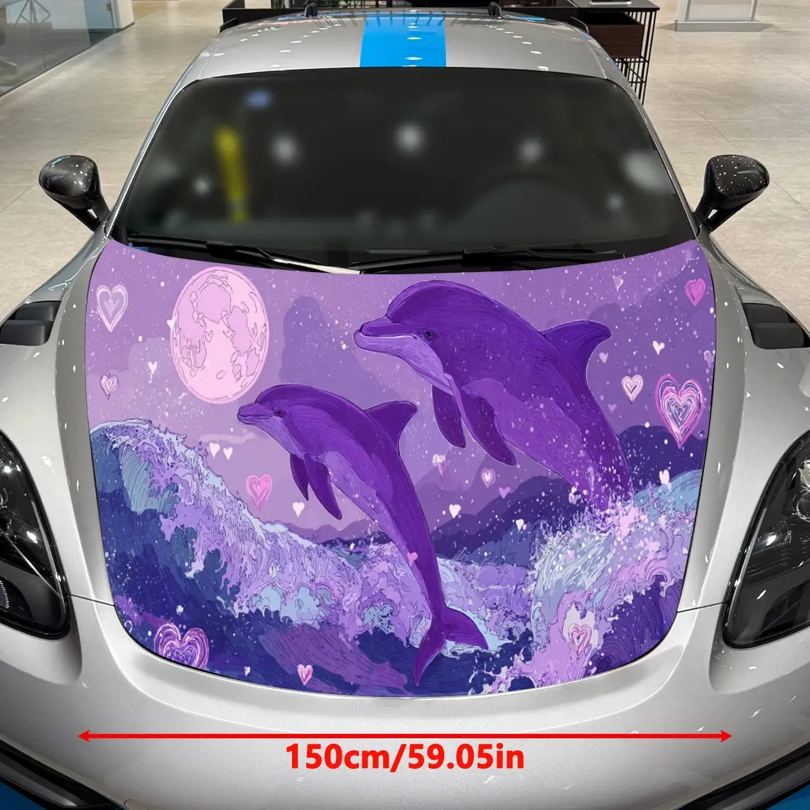 Purple Dolphin Love Brave Adventure PVC Car Hood Wraps, Self-Adhesive Waterproof Car Bonnet Decal Sticker, Car Decoration Protec view 2