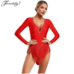 Womens Tassel Latin Dance Dress Shiny Rhinestones Ballet Tutu Dress Leotard Figure Ice Skating Competiton Dance Costume