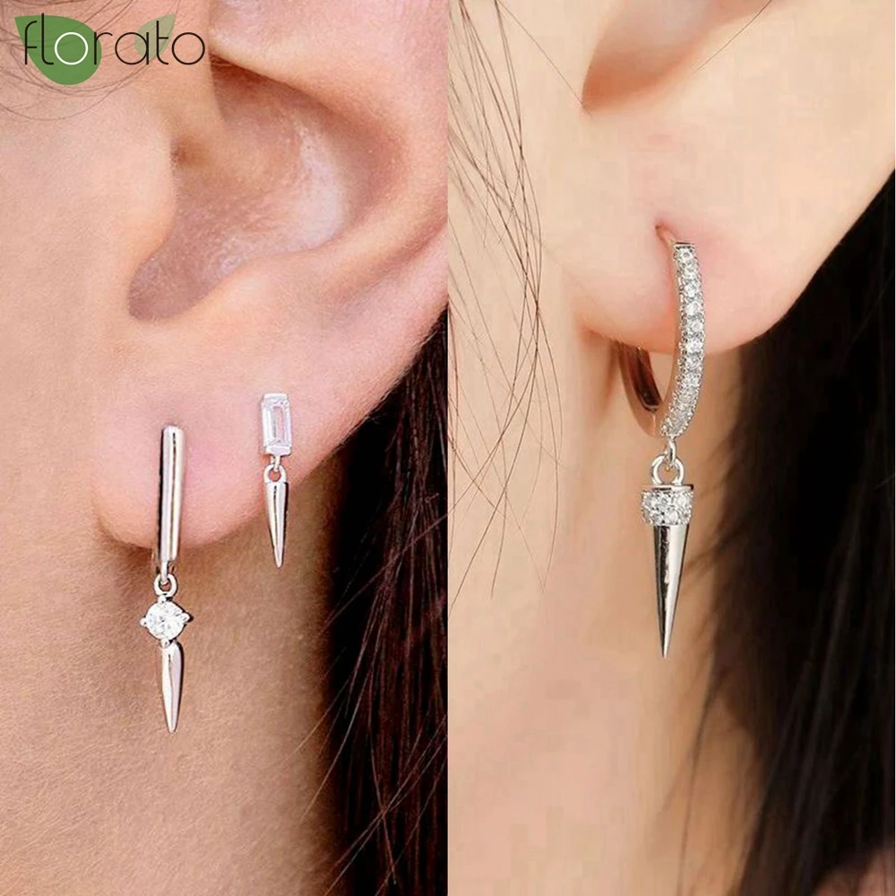 Pendientes de aro con colgante de cono de roca para hombre y mujer, aretes individuales de cartílago, joyería para Piercing de Hip Hop, aguja de Plata de Ley 925