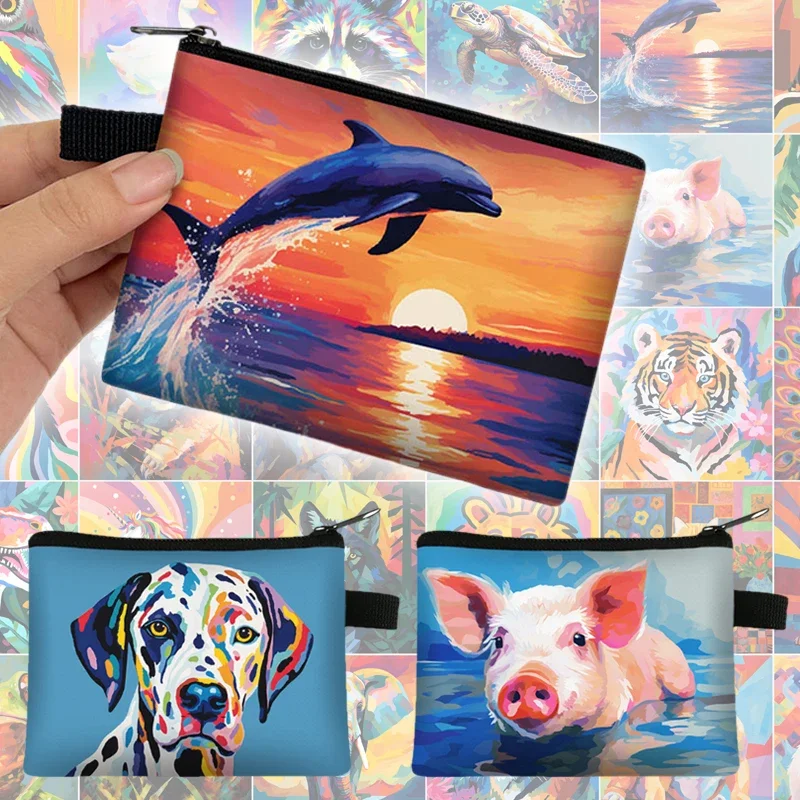 Colorful Animal Print Coin Purse Bulldog Cat Dolphin Turtle Fauvism Oil Painting Credit Card Holder Wallet Animal Art Money Bag