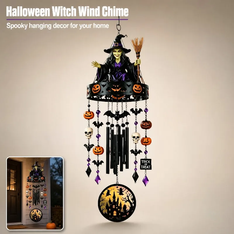 Halloween Wind Chime, Weather‑Proof Witch & Ghost Design Wind Chime, Witch‑Themed Outdoor Wall Decor