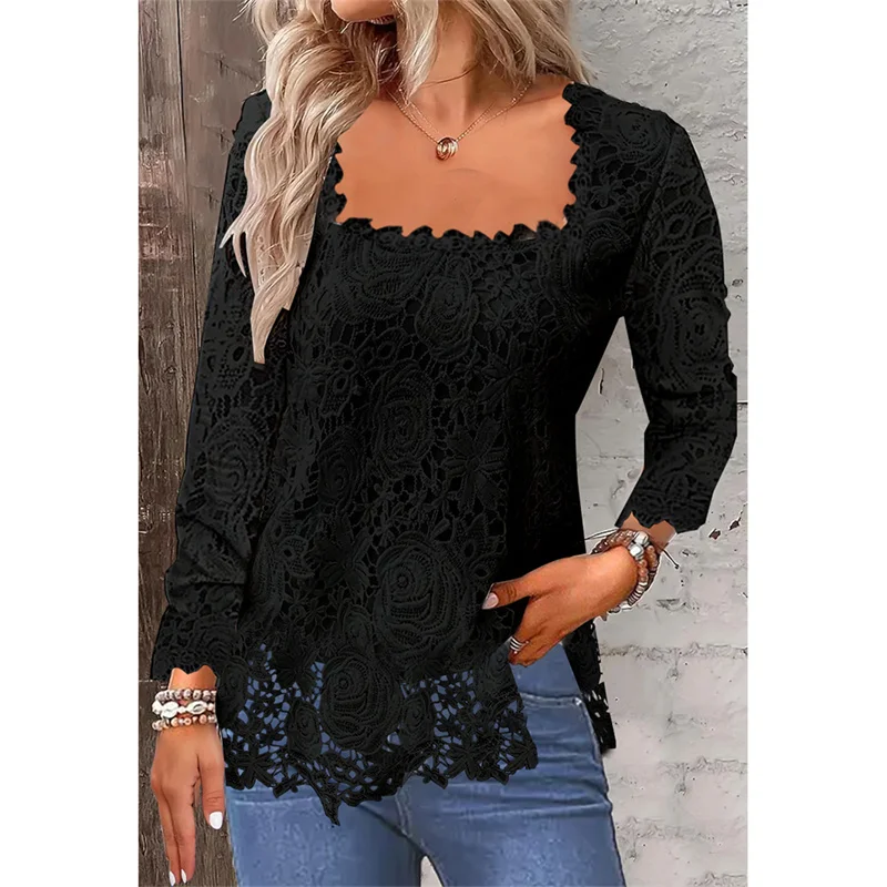 Women Square Neck Lace Shirt Autumn Winter Comfortable Casual Commuter Pullover Blouse Elegant Female Solid Color Bottoming Tops