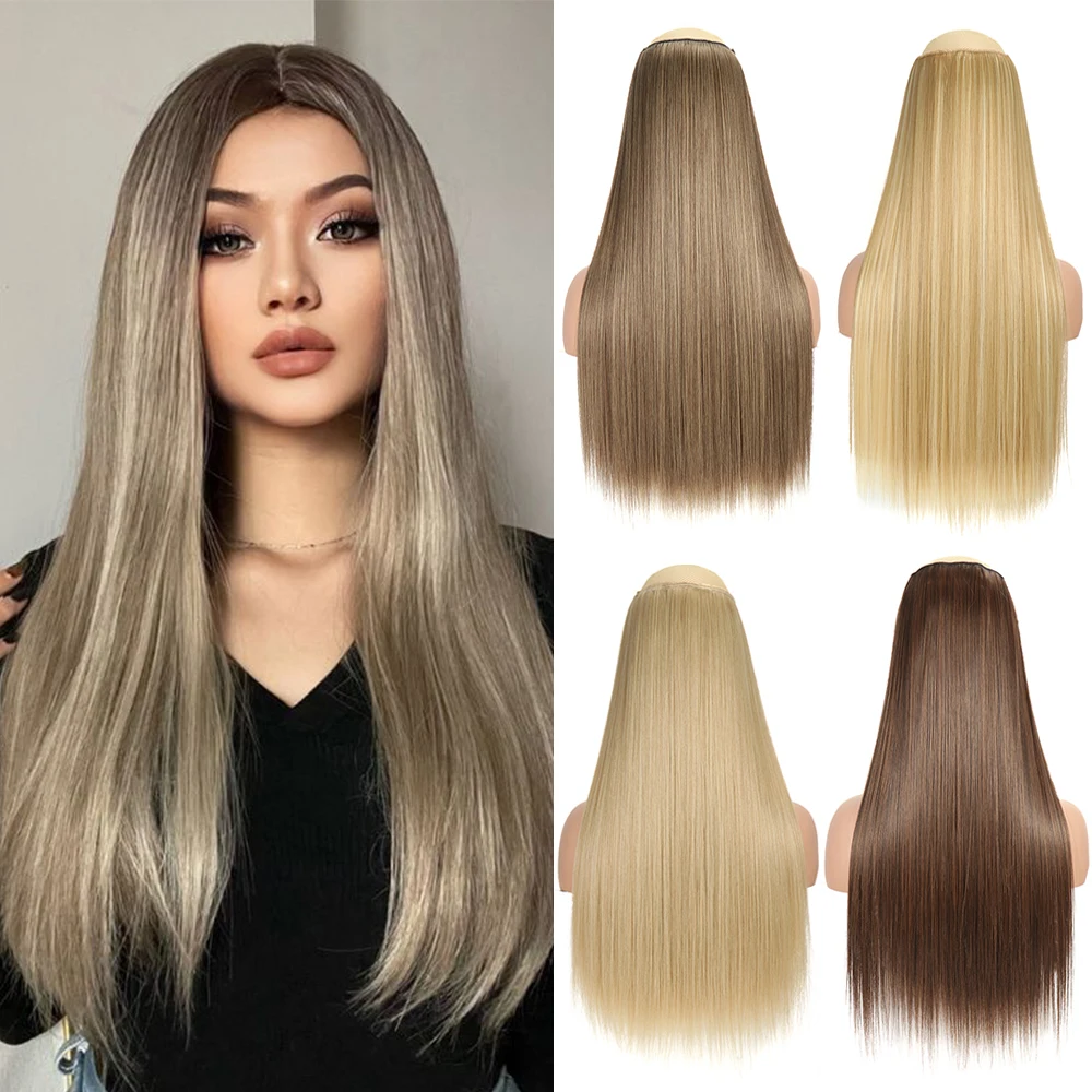 Synthetic 22.4Inch Hair Extensions OnePiece 5 Clips Long Straight Hairstyle Heat Resistant Fake Hairpiece For Women Natural brow