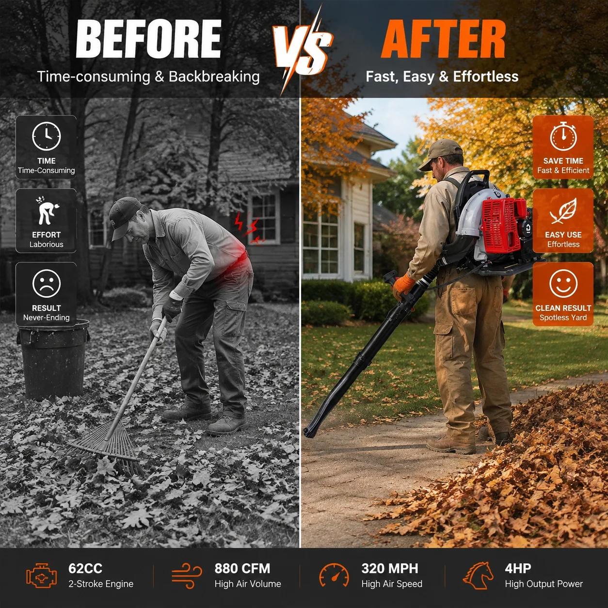 62CC Backpack Leaf Blower Gas Powered 880CFM 320MPH High Output 4HP Engine Variable Speed Cruise Control Lawn Yard Snow Removal Tool