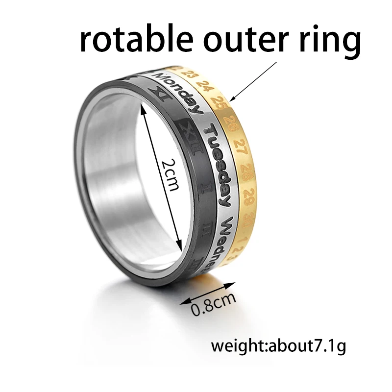 Letdiffery Fashion Three Color Rotate 8mm Date Rings Stainless Steel Birthday Anniversary Special Gifts Jewelry for Women Men